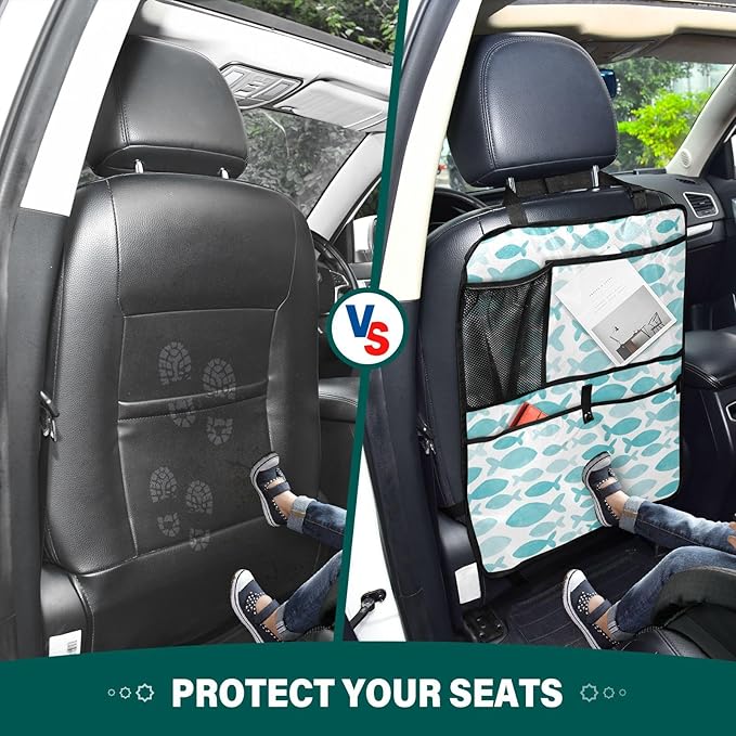 1 Pack Backseat Car Organizer with Storage Pockets Seat Back Organizers for Kids Kick Mats Backseat Protector Automotive Blue Fish