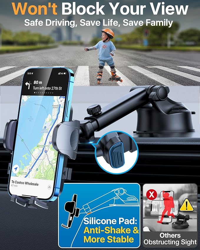 HTU 【98+LBS Strongest Suction & Military-Grade】 Ultimate Car Phone Mount【Patent & Safety Certs】 Cell Phone Holder Truck Stand for Dashboard Windshield Vent for iPhone 17 Pro Max 16 15 Samsung (Black)