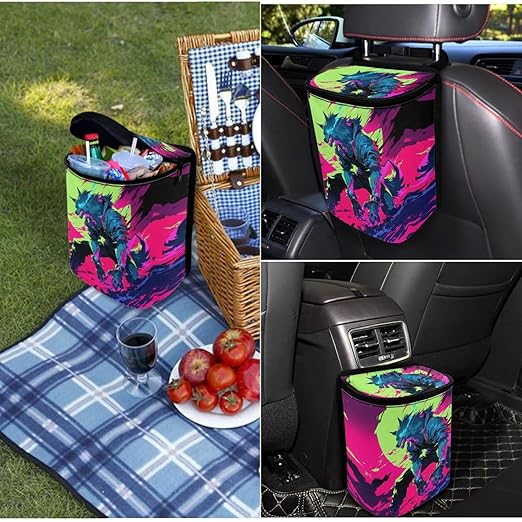 1.2 Gallons Car Can Trash Bag, Werewolf Trash Bags for Cars, Adjustable Hanging for Tail of Console/Back of Seats, with Zipper Leak-Proof Lid Design, Washable, Easy to Clean, Easy to Install