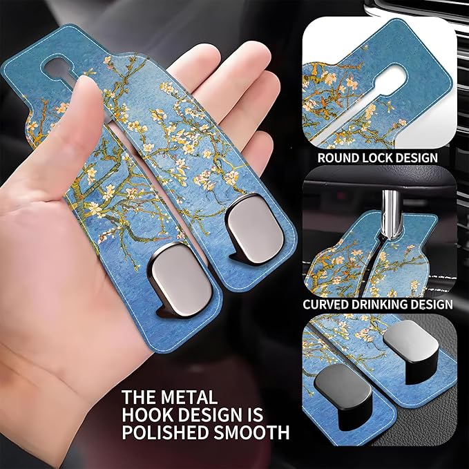 1 Pack Car Seat Headrest Hooks for Purses Abstract Blossoming Almond Tree Bag Purse Holder for Car with Double Metal Hooks Car Purse Hanger Hanging Accessories