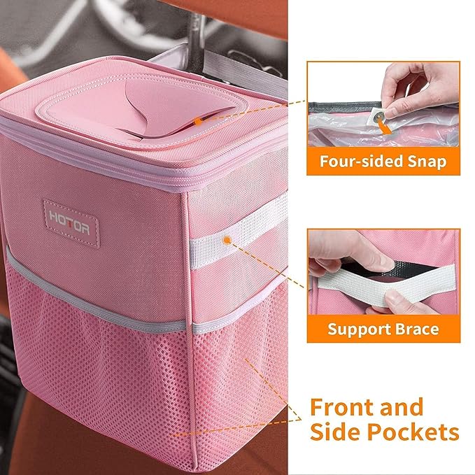 HOTOR Car Trash Can with Lid and Storage Pockets - 100% Leak-Proof Organizer, Waterproof Garbage Can, Multipurpose Trash Bin for Car, 2 Gallons, Pink