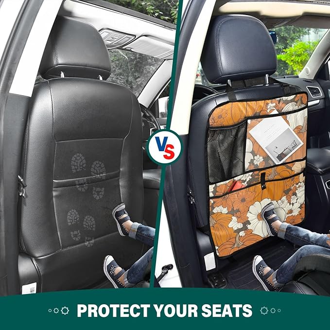 Thanksgiving Pumpkins Flowers Orange 2 Pack Backseat Car Organizer with Storage Pockets Seat Back Organizers for Kids Kick Mats Backseat Protector Automotive