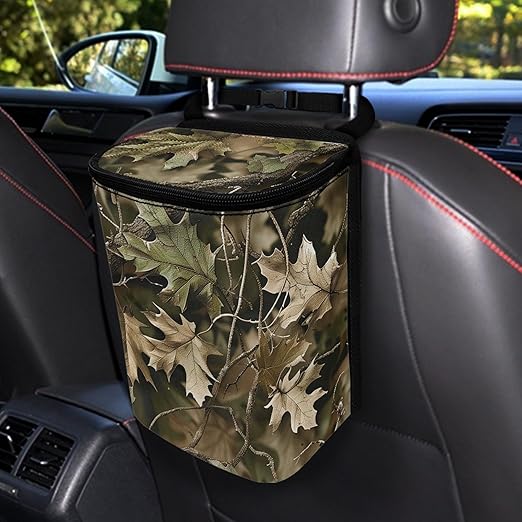 Camo Hunting Forest Car Trash Can with Lid Collapsible Auto Trash Bin Reusable Automotive Garbage Can Auto Accessory Interior Car Organizer