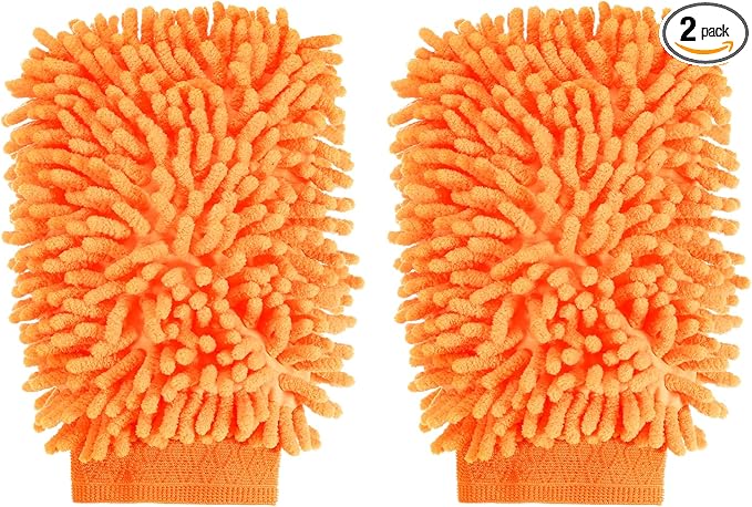 HARFINGTON 2pcs Premium Chenille Microfiber Car Wash Mitts 9.8" x 7.9" Scratch Free Wash Gloves Absorbent Double Sided Plush Cleaning Drying Mitts for Car Washing Home Orange Yellow