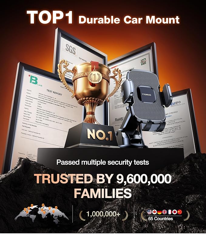 TORRAS Ultra-Durable Phone Holders for Your Car【96+LBS Strongest Suction】 Car Phone Holder Mount, Safety Certs Cell Phone Car Mount Truck for Dashboard Windshield Vent for iPhone 17 16 15 14 Pro Max