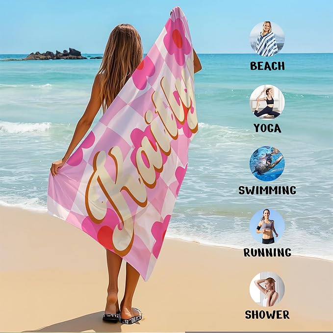 JML Personalized Beach Towel with Name, Custom Flower Beach Towel, Customized Microfiber Pool Towel, Quick Dry & Absorbent Swim Towel for Adult,Anniversary, Birthday, Summer Holiday,Vacation