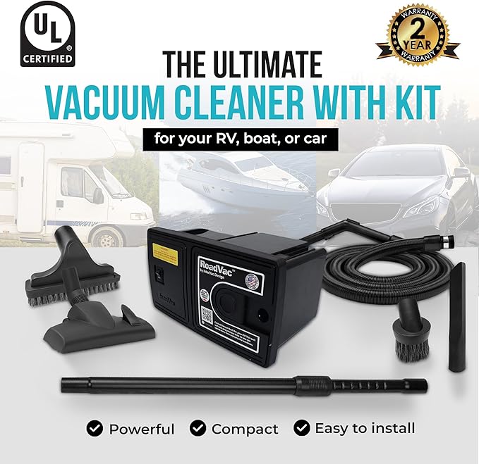 InterVac RoadVac CS-8 with Kit, RV Vacuum for Boats, Kitchens & Tiny Homes, Compact Central Vacuum, Superior Central Vacuum Accessories, Wall-Mounted, W/ 35" Stretch Hose