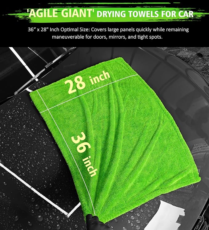 YeewayVeh 'Agile Giant' Car Drying Towel, 28x36 Inch Quick Car Wash Drying Towels, 1400 GSM Super Absorbent, Double Sided Microfiber Towels for Cars Effortless & Scratch-Free Detailing, Green