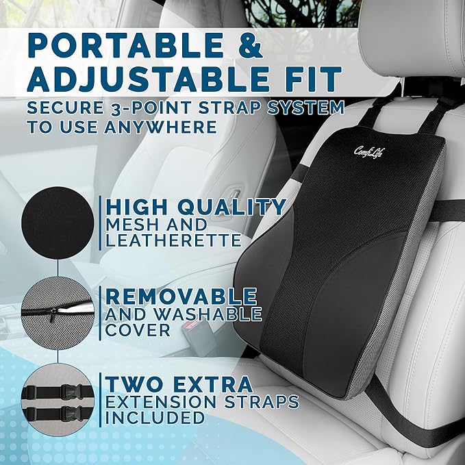 ComfiLife Lumbar Support Pillow for Office Chair – Premium Memory Foam Lumbar Pillow – Back Support for Office Chair, Car – Back Pain Relief, Improves Posture – 3 Adjustable Straps, Mesh + Leatherette