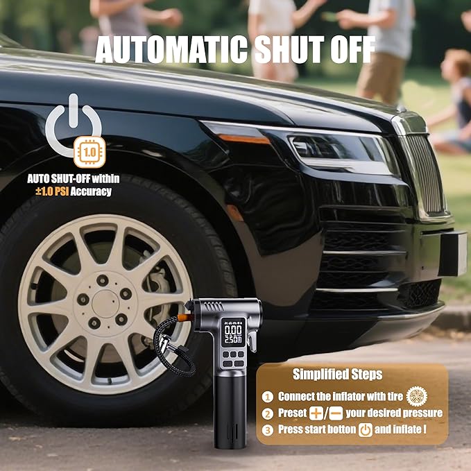 Tire Inflator Portable Air Compressor, Digital Pressure Gauge & Auto Shut-Off, Portable emergency tool as LED light, safety hammer & seatbelt cutter, for Car, Bike, Ball, Motor