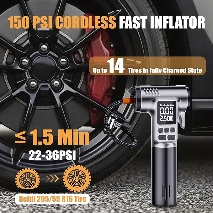 Portable Tire Inflator, 150PSI Air Compressor with LCD pressure gauge & Auto shut-off, Features built-in LED light, Safety hammer & Seatbelt Cutter, for Car/Bike/Motorcycles/Ball