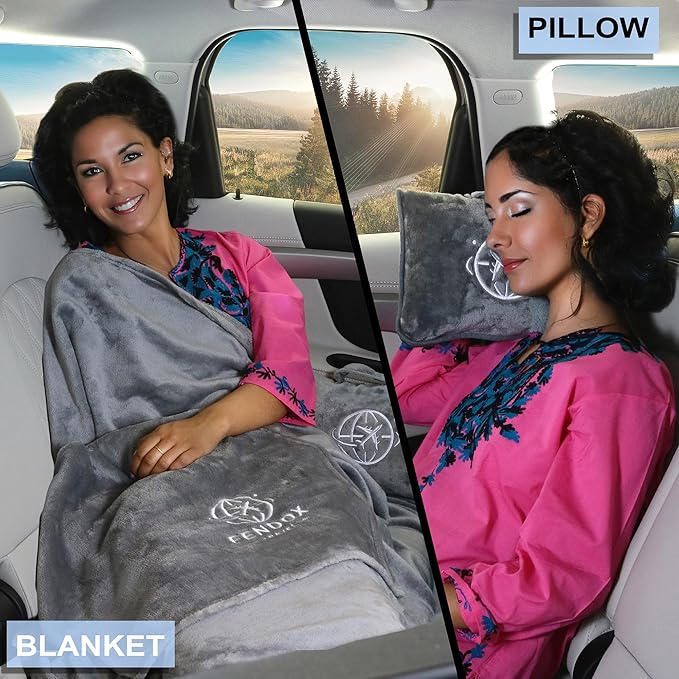 2-in-1 Travel Blanket and Pillow – Lightweight, Compact, Ultra Soft, Machine Washable – Handle, Luggage Sleeve, Backpack Clip – for Travel Airplane, Car, Office (Gray)