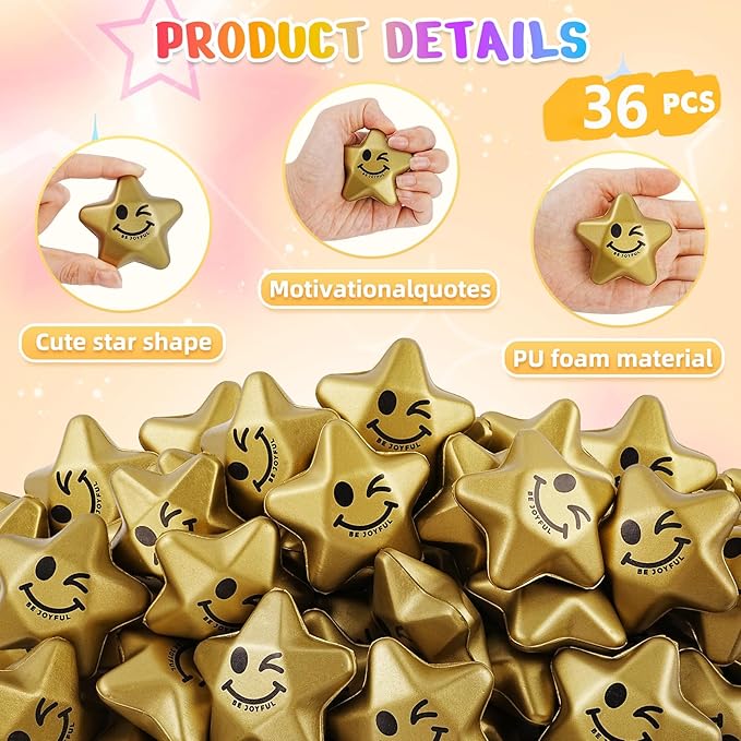 36PCS Stress Balls, Star Stress Balls for Adults & Kids, Mini Foam Ball Stress Relief Toys, Fidget Anxiety & Anger Relief at Work/School/Home, Student Prizes, Perfect Party Favors