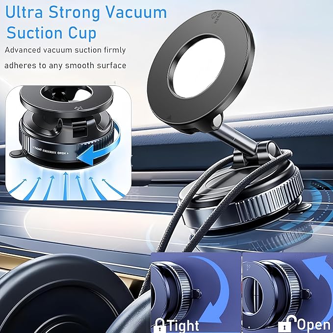 Strong Magnetic Car Phone Holder for MagSafe with Vacuum Suction Cup, Foldable and Retractable, 360° Rotation Phone Mount for iPhone 12 13 14 15 16 17 and Android Smartphones, Black