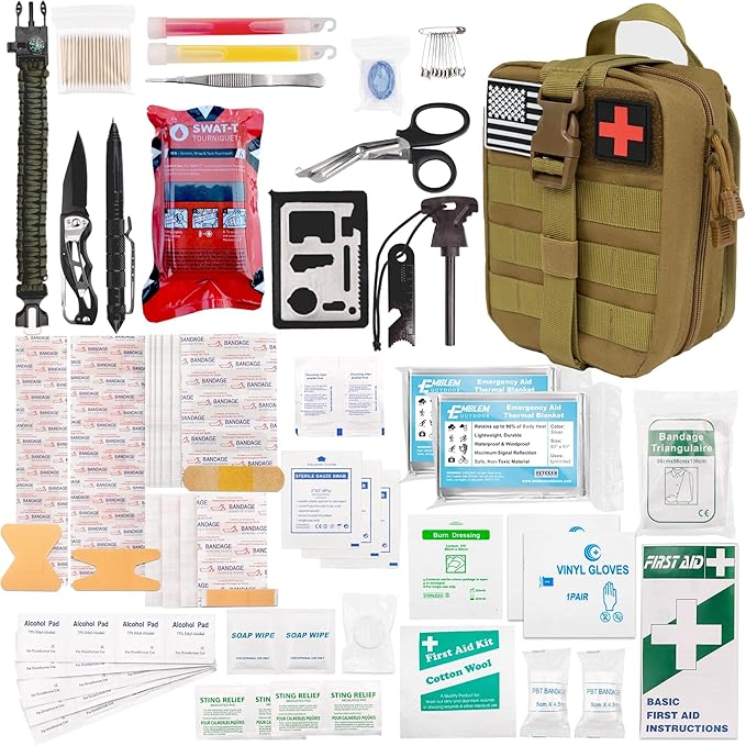 242 pc First Aid Survival Kit with SWAT-T Tourniquet Made in USA | IFAK Emergency Trauma Kit | Survival Gear | by Emblem Outdoor