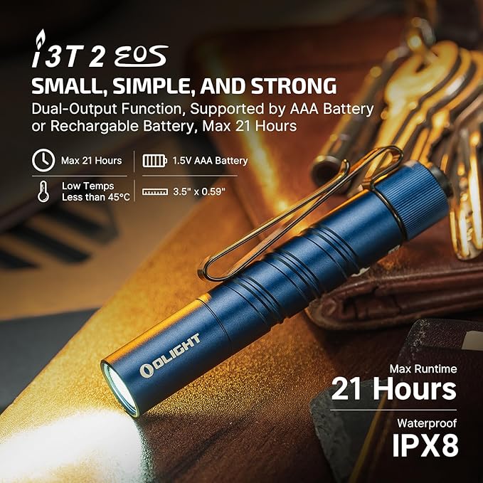 OLIGHT I3T 2 EOS Pocket EDC Flashlight, 200 Lumens Compact Bright Handheld Tactical Flash Lights, Dual-Output Tail Switch with AAA Battery and Two-Way Pocket Clip for Camping,Hiking (Midnight Blue)