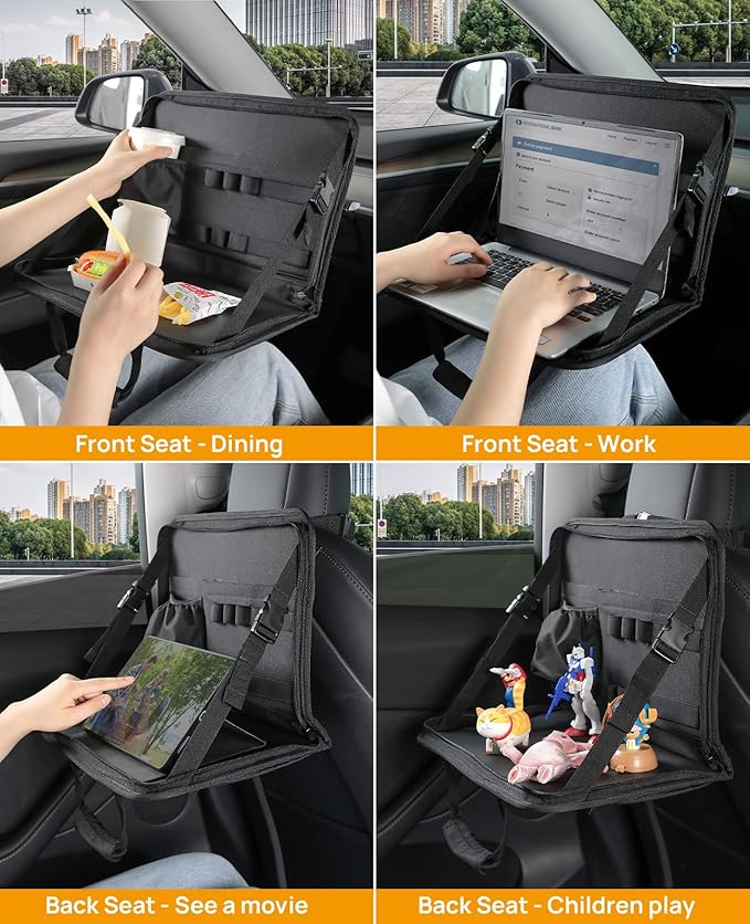 JOYTUTUS Steering Wheel Tray, Back Seat Headrest Tray for Eating Food and Drink, Work Table for Writing and Steering Wheel Laptop Desk, Car Organizer for Commuters, Travel, Family (16.1'' x 10'')