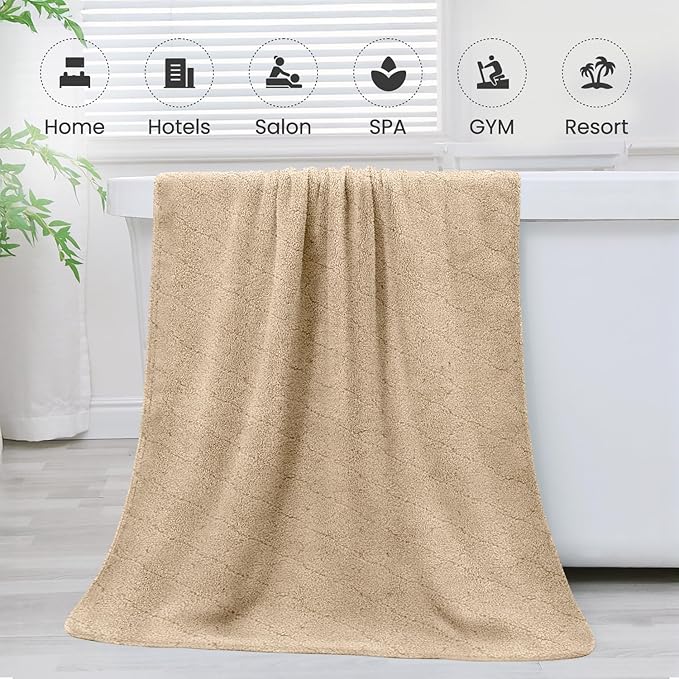 JML Bath Towels, Pack of 4, 30"x60", Large Microfiber Towel Set, Ultra Soft, Super Absorbent, Fast Drying, Perfect for Sauna, Shower, Pool, Sport, Travel, Fitness, SPA,Yoga, Coral Fleece - Camel