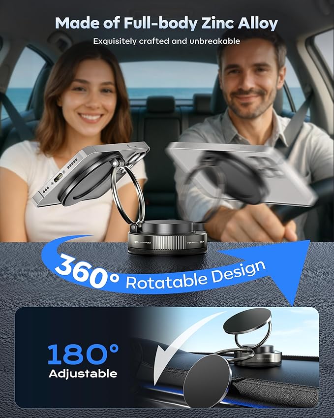 Vacuum Magnetic Phone Holder for Car,2800gf Strong Magnetic Phone Mount,360° Adjustable & Reinforced Suction Cup for Dashboard/Mirror,Car Phone Holder Compatible with iPhone Androi（Matte Black）