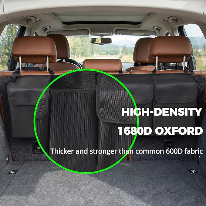 PIDO Hanging Trunk Organizer, Backseat Trunk Organizer for SUV, Hanging Car Storage Bag with Large Pockets for Sedan, Truck, Van, Upgraded Premium Fabric, Space Saving Car Interior Accessory