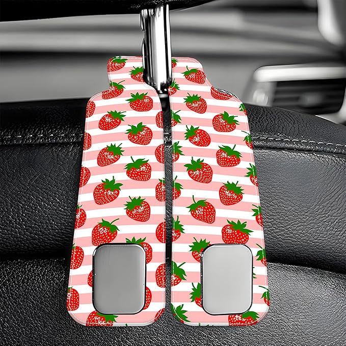 1 Pack Car Seat Headrest Hooks for Purses and Bags Watercolor Pink Strawberry Striped Bag Purse Holder for Car with Double Metal Hooks Car Purse Hanger Hanging Accessories