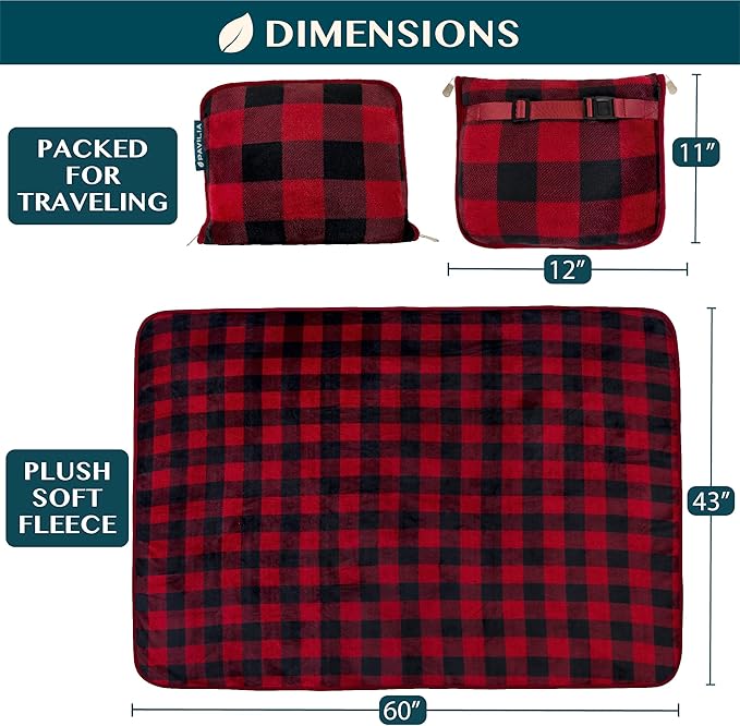PAVILIA Travel Blanket Pillow, Soft Airplane Blanket 2-IN-1 Combo Set, Plane Blanket Compact Packable, Flight Essential Car Pillow, Travelers Gift Accessories Luggage Backpack Strap, 60x43 Checker Red