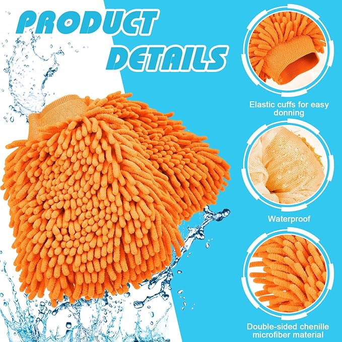 Toulite 16 Pcs Car Wash Mitt Chenille Microfiber Wash Mitt Double Sided Glove Cleaning Drying Mitts (7.48 x 10.24 Inch,Orange)