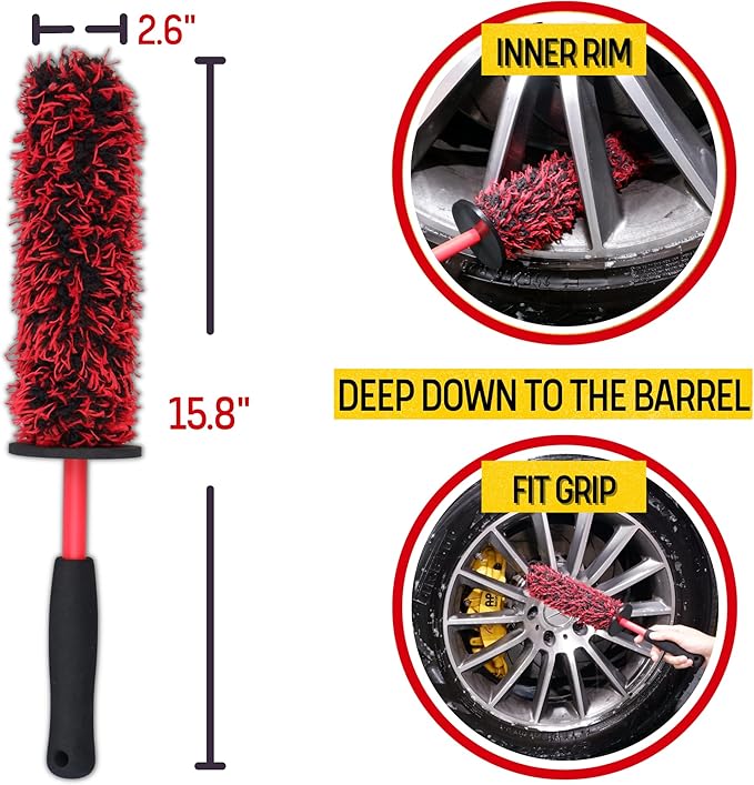 Metal Free Microfiber Wheel Brush Kit- Microfiber Angled Wheel Brush, Long Handle Wheel Brush, Tire& Detailing Brush, Wheel Wash Mitt. Hands-On Wheel Detailing Kit for Daily Wheel Cleaning