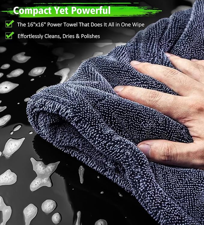 YeewayVeh 2-Pack 16"x16" Car Detailing Drying Towels, 1400 GSM Microfiber Drying Towels, for Final Water Chasing, Safe Drying of Gaps, Mirrors & Vehicle Interiors, Green