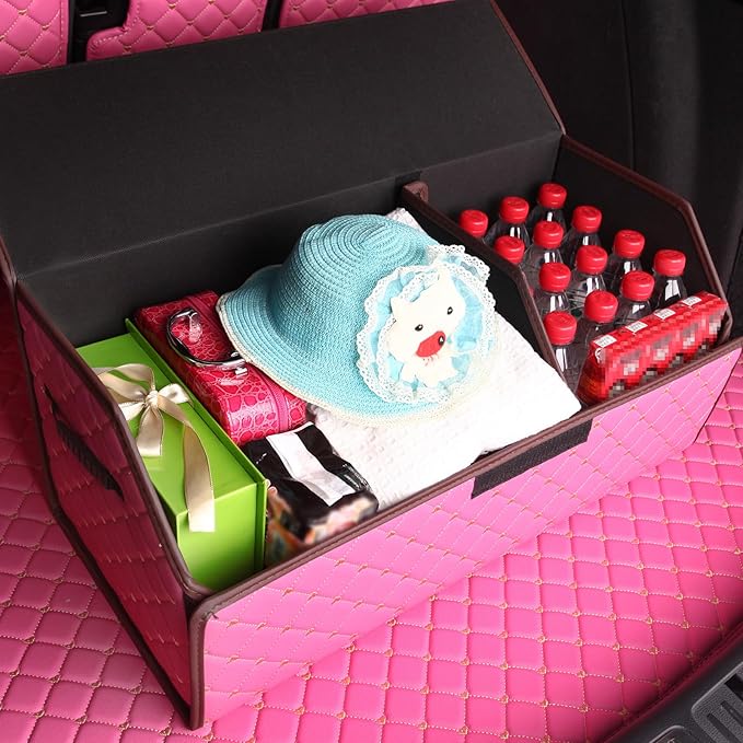 car organizers and storage for SUV,trunk organizer for sedan, leather foldable sleek box with lid,collapsible cargo bins, tool accessories containers,Pink women (21.65 inch)
