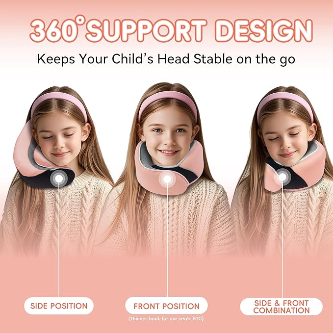 Proglobe Junior Kids Travel Neck Pillow - Ergonomic Memory Foam Pillow for Airplane, Car, Booster Seat - Soft, Washable, Compact Travel Pillow with Strap - Light Pink - Ages 4-13