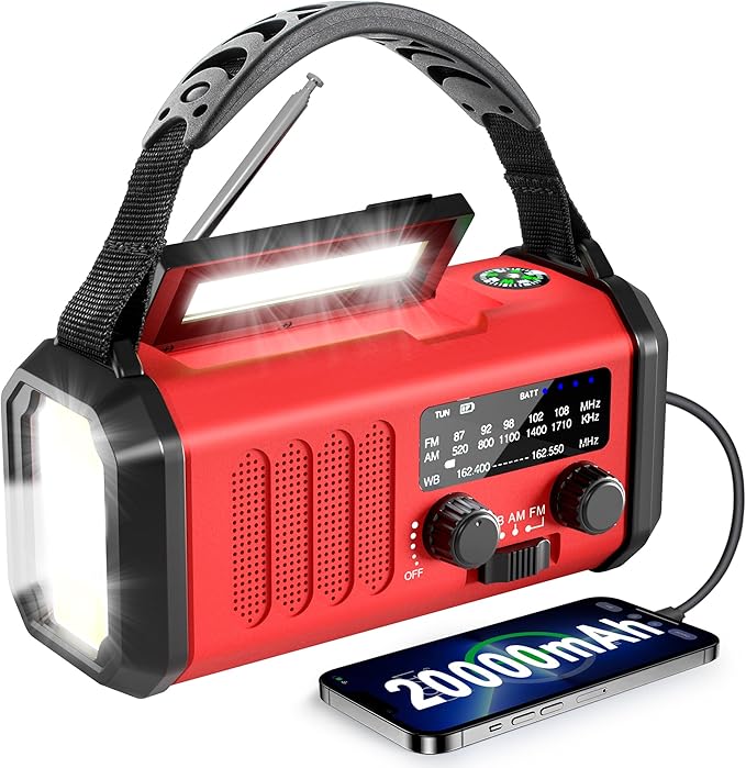 Emergency Radio NOAA Weather Radio Hand Crank & Solar Charging 20000mAh/74000mWh Rechargeable Battery Built-in Flashlight Reading Light & SOS AM/FM & Portable for Camping & Emergencies
