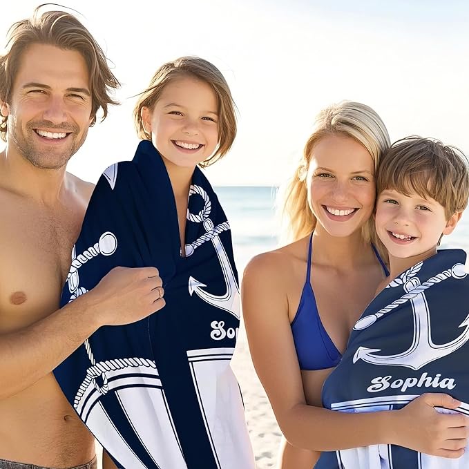 JML Personalized Beach Towel with Name, Custom Anchor Beach Towel, Customized Microfiber Pool Towel, Quick Dry & Absorbent Swim Towel for Adult,Anniversary, Birthday, Summer Holiday,Vacation