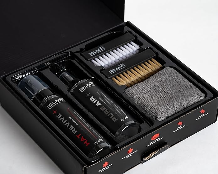 Blackline ELMT Hat Cleaning Kit — Quick-drying, US-Made, Cleans 50+ Hats — Hat Cleaner for Baseball Caps of all Materials Cotton, Wool, Leather, Felt and more (8oz Solution, Deodorizer, Towel & Brush)