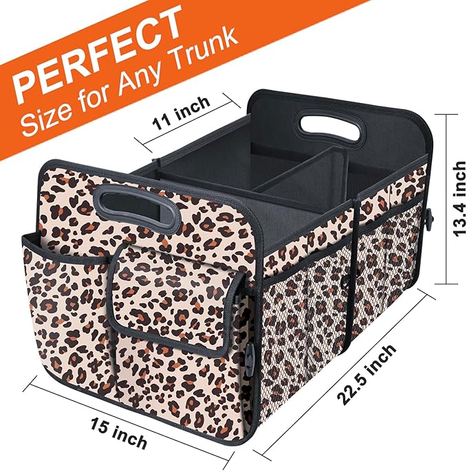 Trunk Organizer, Collapsible Trunk Organizers and Storage, Car Accessories for Women and Men, Multi-Compartment Trunk Storage Organizer for SUV, Car, Mini-Van, Leopard Print