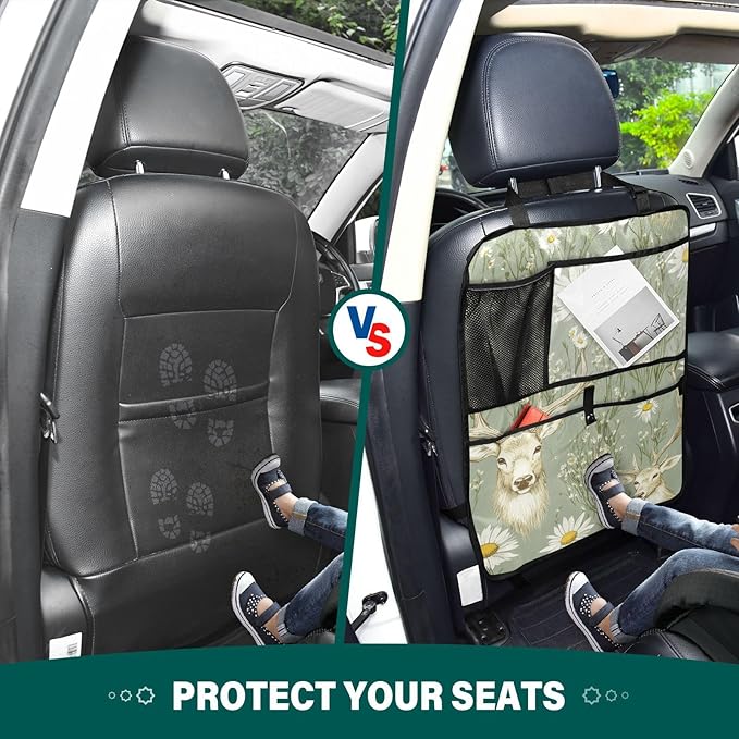 Sage Daisy Deer 2 Pack Backseat Car Organizer with Storage Pockets Seat Back Organizers for Kids Kick Mats Backseat Protector Automotive