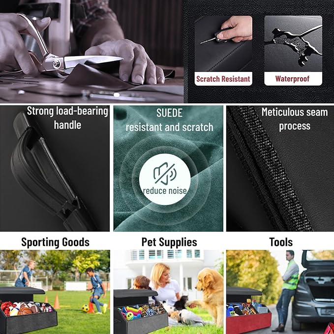 Trunk Organizer for Car, Leather Storage Box with Lid, Foldable Trunk Organizer for SUV, Waterproof Cargo Storage Box Collapsible and Adjustable with Magnetic Lock (Black)