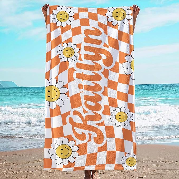 JML Personalized Beach Towel with Name, Custom Flower Beach Towel, Customized Microfiber Pool Towel, Quick Dry & Absorbent Swim Towel for Adult,Anniversary, Birthday, Summer Holiday,Vacation