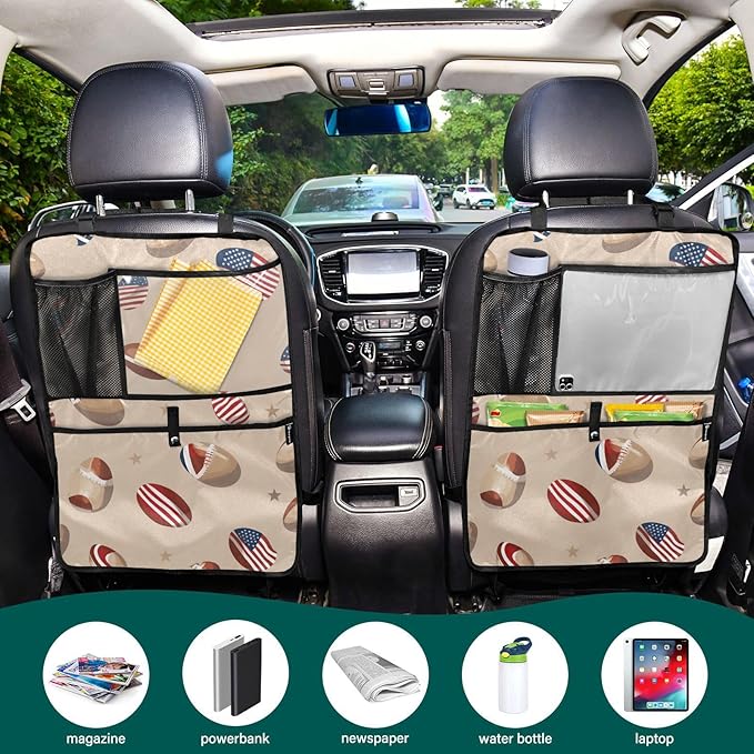 Brown Football and Flag 1 Pack Backseat Car Organizer with Storage Pockets Seat Back Organizers for Kids Kick Mats Backseat Protector Automotive