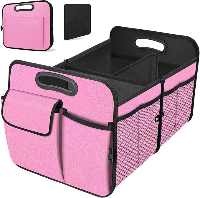 Trunk Organizer, Collapsible Trunk Organizers and Storage, Car Accessories for Women and Men, Multi-Compartment Trunk Storage Organizer for SUV, Car, Mini-Van, Pink