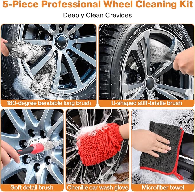 Preciva 5PCS Car Wheel & Tire Brush Kit -Car Cleaning Kit, Wheel Cleaner Brush, Soft-bristled Rim Brush, Car Drying Towel, Car Detailing Cleaning Wash Brush Supplies Kit for Interior Exterior Wheels