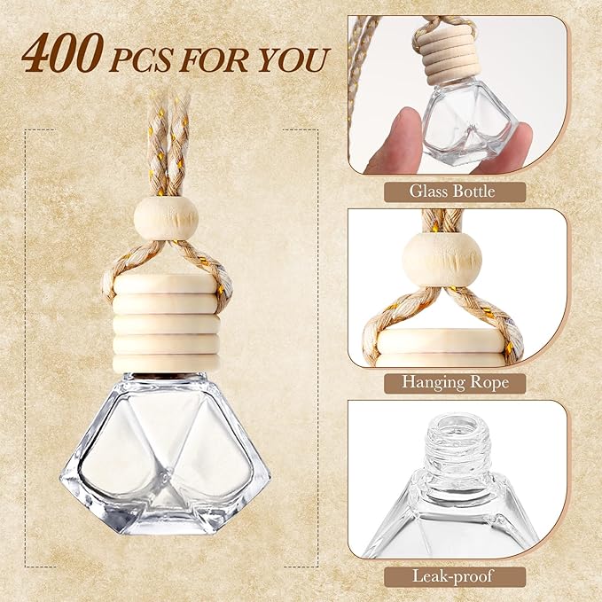 Zubebe 8ml 400pcs Hanging Air Freshener Diffuser Bottle Bulk Empty Glass Perfume Bottles Refillable Aromatherapy Essential Oils Pendant for Auto Interior Ornaments