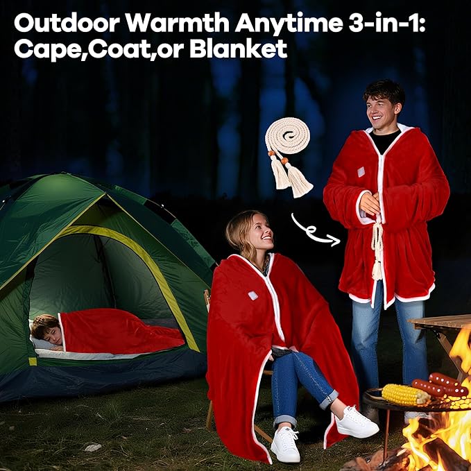 Wearable Heated Blanket with 20000mAh Power Bank, 11 Heating Zones, 3 Heat Levels, Timer, USB Powered, Machine Washable, for Camping, Office, Travel, Home Use (Christmas Red)