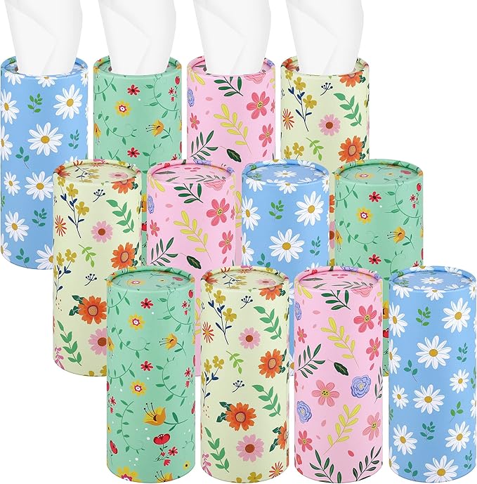 12 Pieces Spring Flowers Car Tissues Box Spring Floral Car Tissue Cylinder in 4 Design Refill Round Tissue Holder with Facial Tissues for Wedding Birthday Party Cup Holder Travel Home