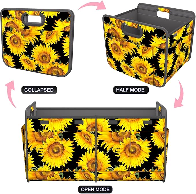 Homeve Trunk Organizer, Car Storage, Reinforced Handles, Collapsible Multi-Compartment Car Organizers, Foldable, Waterproof, 600D Oxford Polyester (Sunflower, 2 Compart)