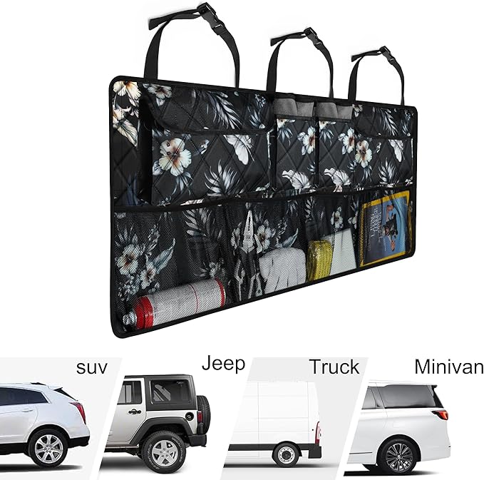 Femuar Car Trunk Organizer, Large Capacity Backseat Trunk Organizer (42"*18"), Collapsible Car Storage Bag with 8 Pockets - Hibiscus