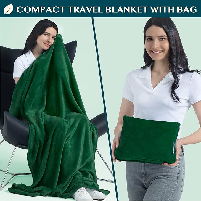 PAVILIA Travel Blanket Pillow, Soft Airplane Blanket 2-in-1 Combo Set, Plane Blanket Compact Packable, Flight Essentials Car Pillow, Travelers Gifts Accessories, Luggage Backpack Strap, 60x43 Green