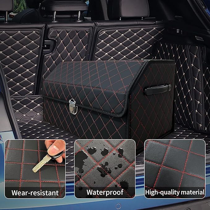 Trunk Organizer for Car With Lid,Foldable Trunk Organizer for SUVs & Sedans,Multi-Functional Leather Storage Box- Black Red Grid - Small
