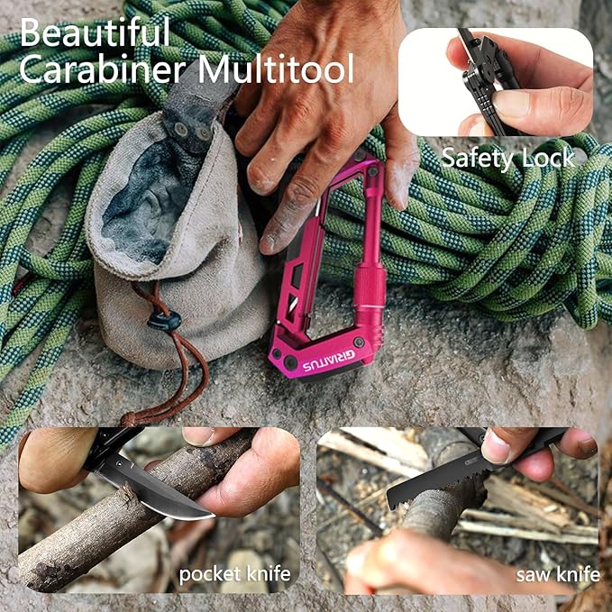 Dark Pink Color Multitool Carabiner EDC Pocket Multi-tool Knife Gifts for Mom Women Wife, EDC Carabiners Keychain with Bottle Opener, Rope Cutter, Window Breaker, for Camping Hiking (Deep Pink)