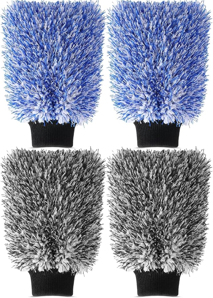 4 Pack Microfiber Car Wash Mitts Set 10x7 Inch Soft Suede Lining Car Wash Gloves, Highly Absorbent Scratch-free Cleaning Cloths for Auto Detailing, Safe with All Soaps, Bucket (Blue & Black)